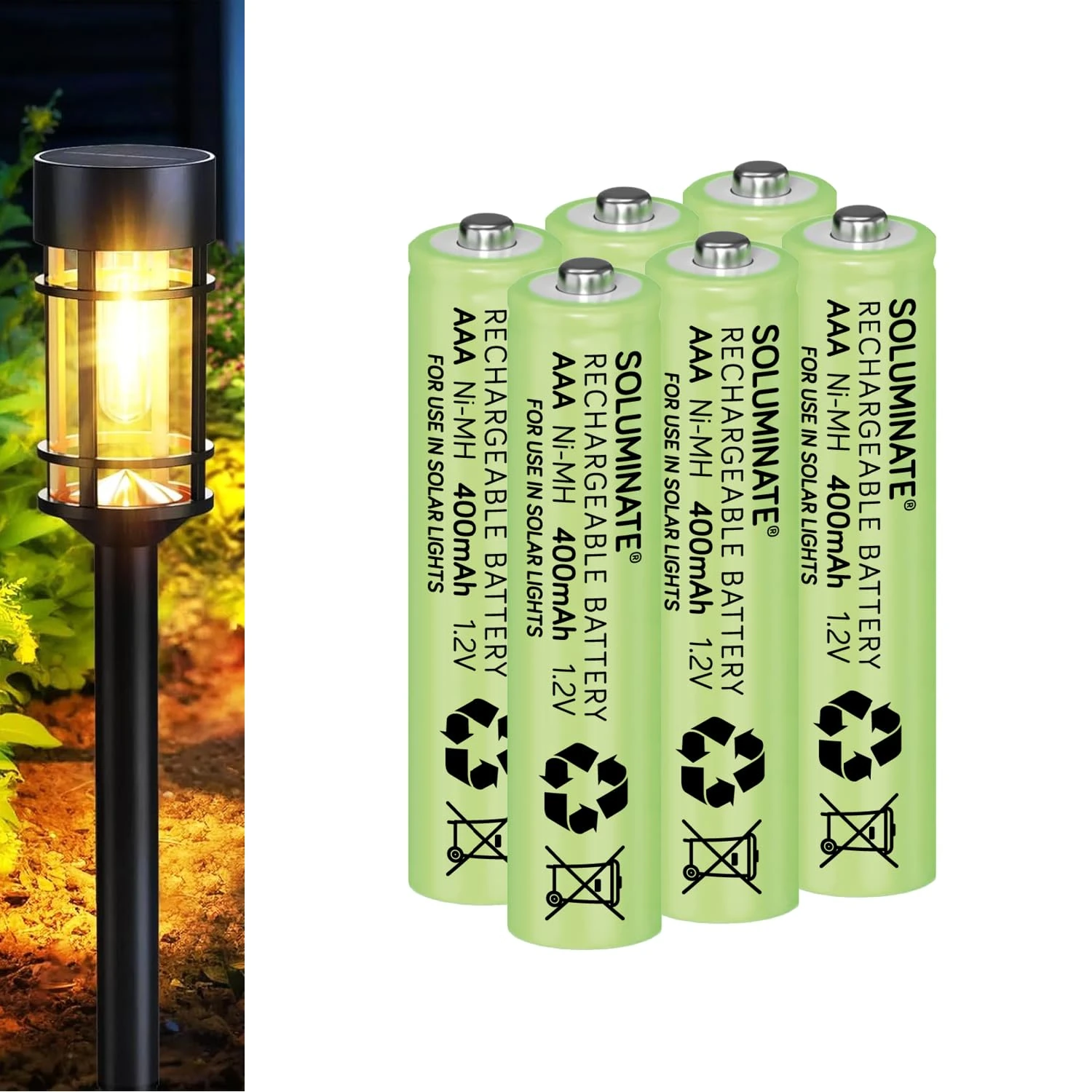 Soluminate AAA Solar Light Batteries Size AAA (400mAh) Rechargeable 1.2V NiMH for garden solar lights (6-Pack)