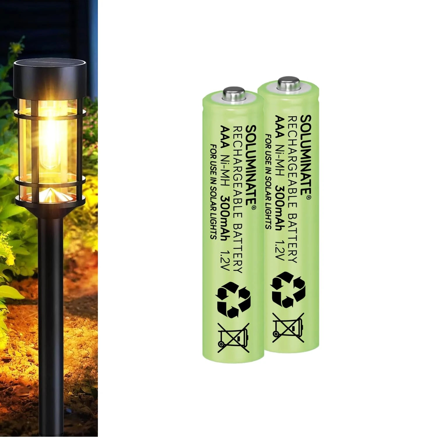 Soluminate Rechargeable AAA Solar Light Batteries (300mAh) for Garden Solar Lights (2-Pack)
