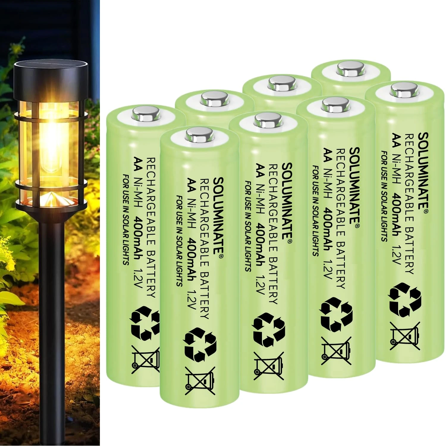 Soluminate AA Solar Light Batteries (400mAh) 1.2V Rechargeable Ni-MH for outdoor solar lights (8-Pack)