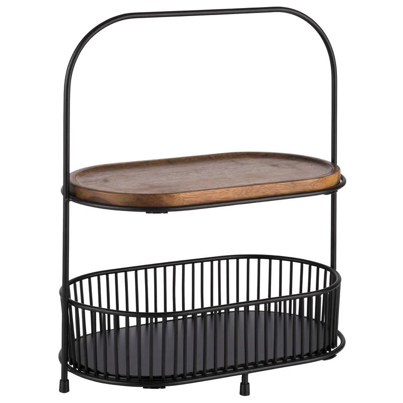 APS 2 Tier Black Acacia Wood Serving Rack with Baskets and Serving Boards 30336