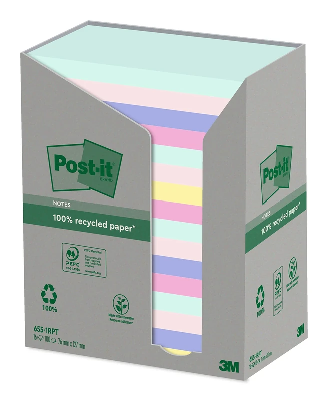 Post-it Recycling Notes Assorted Colours, Pack of 16 Pads, 100 Sheets per Pad, 76 mm x 127 mm, Green, Pink, Blue, Yellow - Self-Stick Notes Made from 100% Recycled Paper