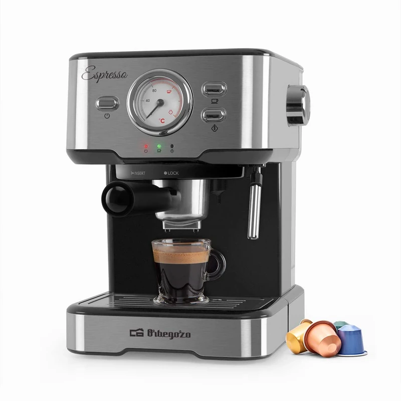 Orbegozo EX 5500 Coffee Maker for Espresso and Cappuccino, 20 Bar Pressure, Thermometer, Removable 1.5-Litre Tank, Steamer, 1,100 W, Multicoloured