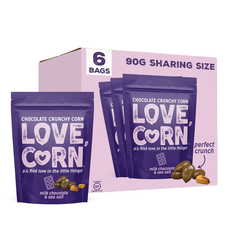 LOVE CORN Milk Chocolate & Sea Salt Crunchy Corn Snack 90g x 6 Bags – Chocolate Multipack Snacks Ideal for Gluten Free Diets – Chocolate Gift – Perfect To Graze On
