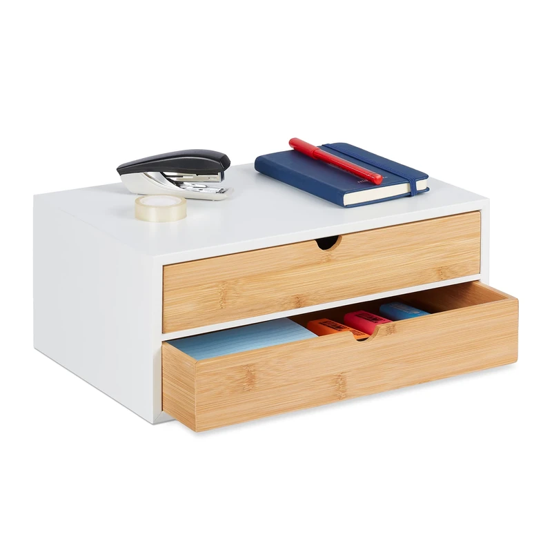 Relaxdays Desk Organiser, 2 Drawers, for Office Supplies, H x W x D: 14 x 33 x 21 cm, Bamboo & MDF, White/Natural