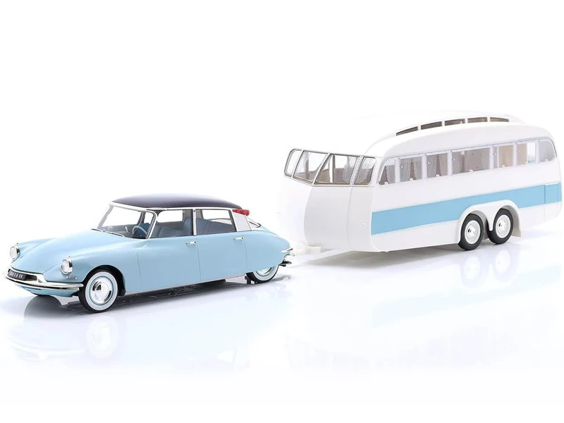 Norev NV181760 1:18 Citroen DS 19 1959-Bleu Nuage & Aubergine & Caravane Hénon Collectable Model, Multi