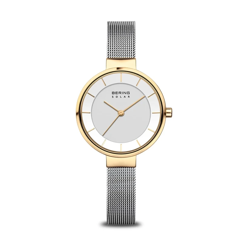 BERING Damen Quarz Uhr | Armbanduhr 31 mm goldenes Edelstahlgehäuse und weißes Zifferblatt | Milanaisearmband | Saphierglas | 5 ATM | 14631-024