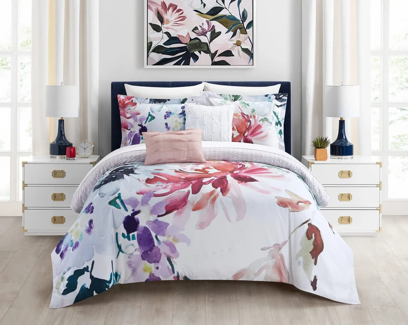 Chic Home 5 Piece Reversible Comforter Set Floral Watercolor Design Bedding-Decorative Pillows Shams Included, Polyester, Multi Color, Queen