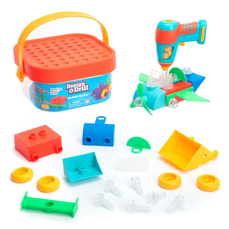 Learning Resources Design & Drill Build-It Bucket STEM Toy, 41 Pieces with Electric Drill Toy, Travel Toys for Boys & Girls, Ages 3+