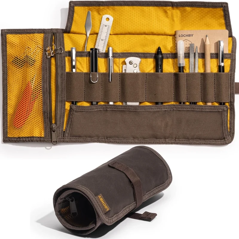 LOCHBY Tool Roll, 8x16 Inches (Unrolled) -Rugged Everyday Carry Organizer for Pens, Tools, & More -Tactical Minimalist Accessory for Men & Women Made with Waxed Canvas -Aluminum Hook Fastener (Brown)