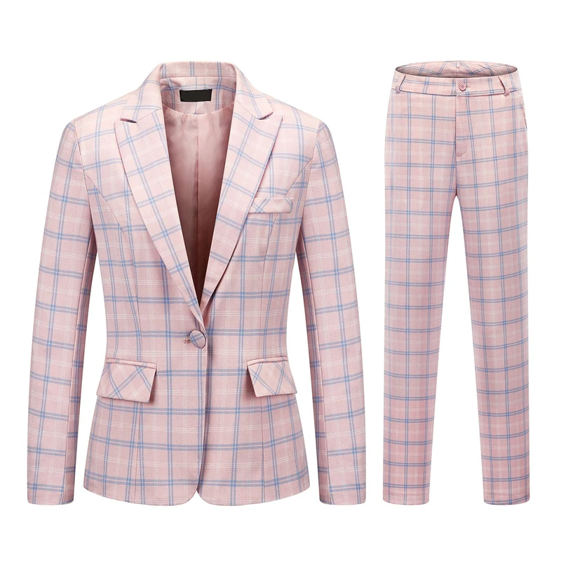 Womens 2 Piece Plaid Suits Set Business Office One Button Blazer Jacket Casual Long Sleeve Pant Suit Set, Pink, Medium
