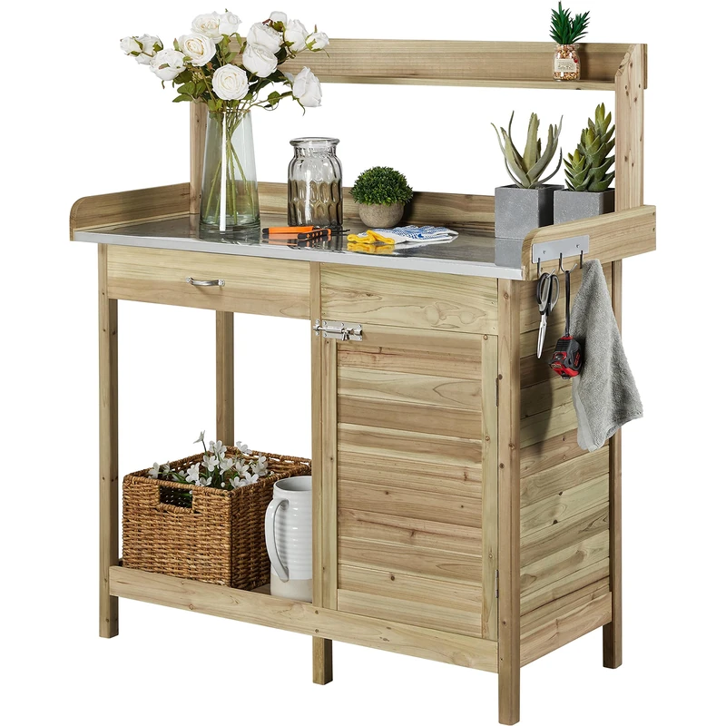 Yaheetech Garden Potting Table Wood Planting Germination Table w/Cabinet & Drawers Metal Surface Workstation with Hooks/Shelf for Patios Yard Lawn-Light Green - Image 1