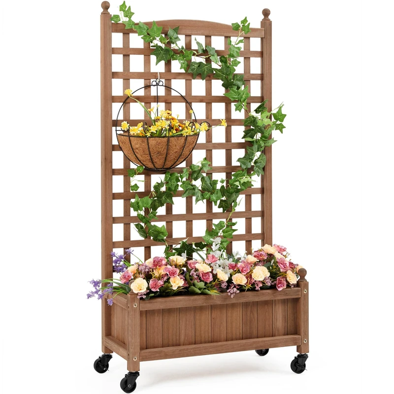 Yaheetech Fir Wood Raised Garden Bed with Trellis and Wheels - Image 1