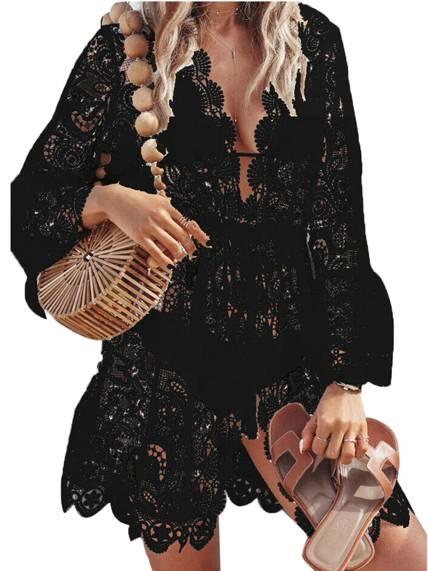 Women Lace Floral Bikini Cover Ups V Neck Hollow Out Swimwear Tunic Beach Dress Summer Beachwear (Y-Black Lace, Large)