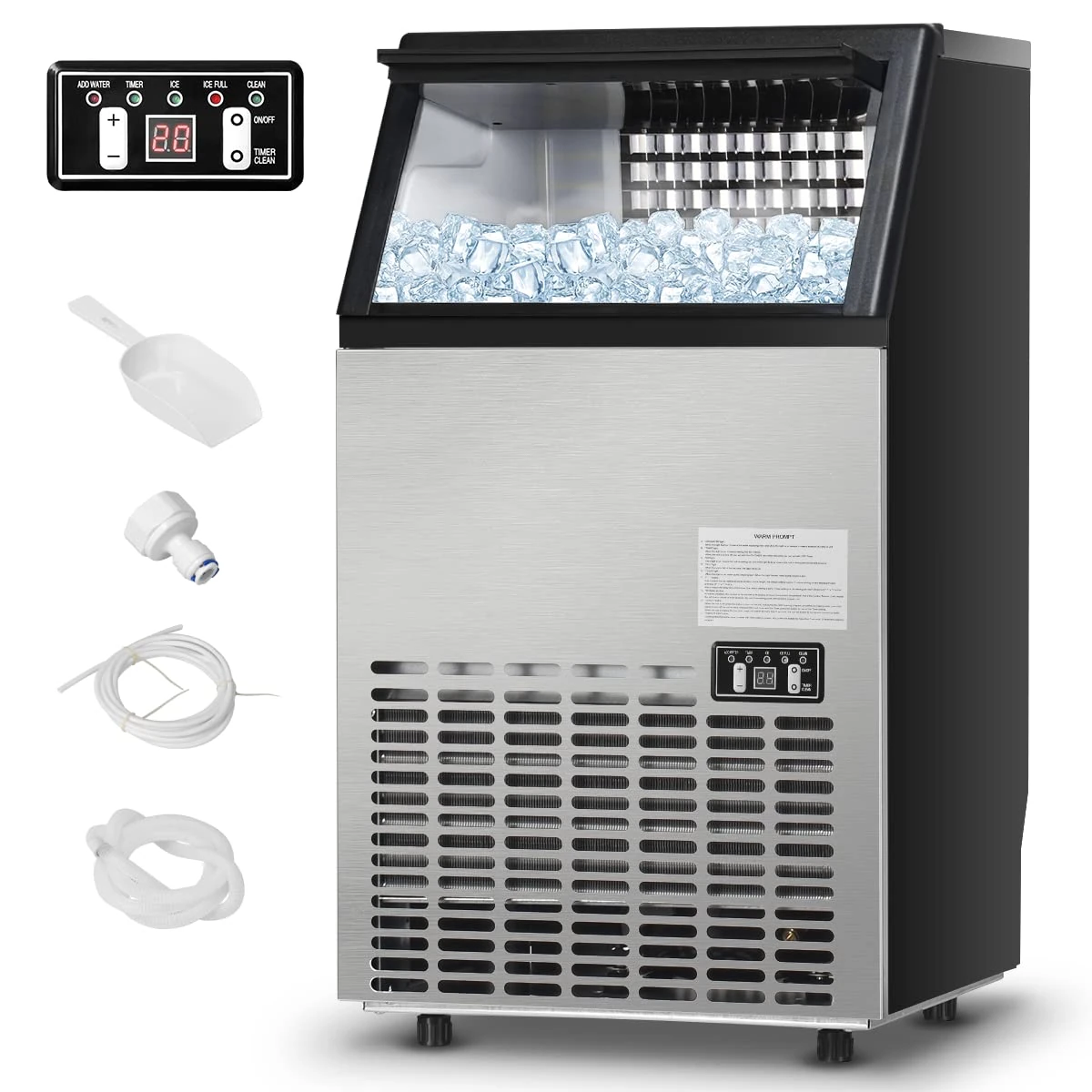 COSTWAY Commercial Ice Maker Machine, 50kg/24H tainless Steel Ice Cube Maker, 15kg Ice Storage Capacity, Digital Control Refrigeration, Auto Clean Ice Making Machine for Bar Restaurant