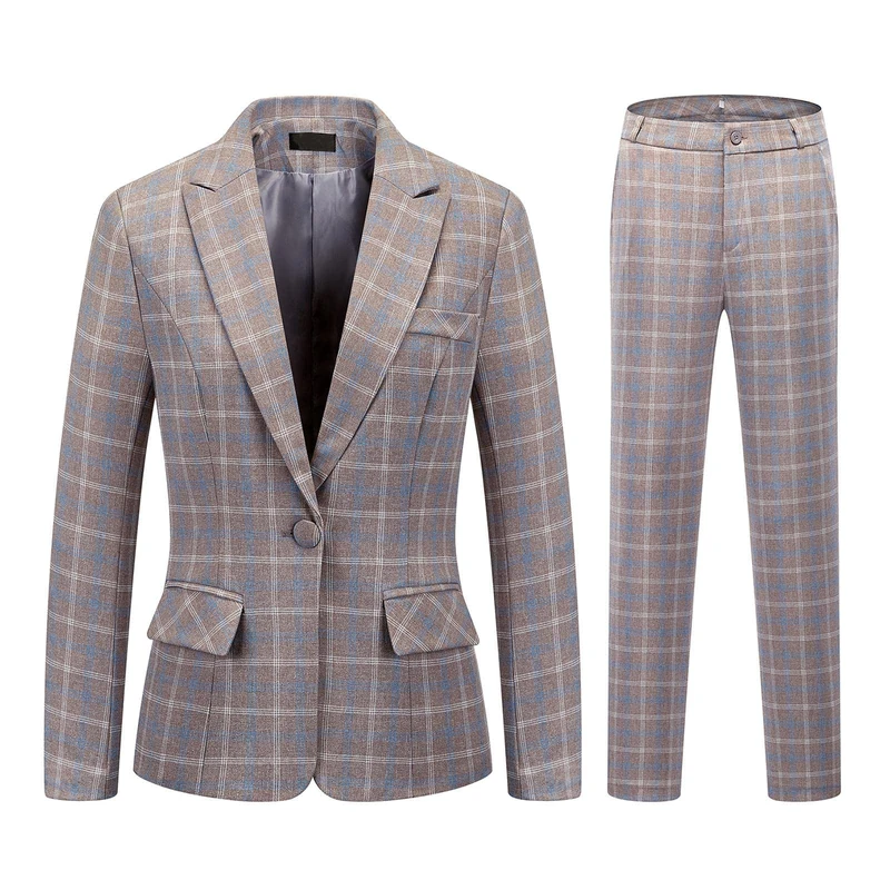 Womens 2 Piece Plaid Suits Set Business Office One Button Blazer Jacket Casual Long Sleeve Pant Suit Set, Grey, Medium