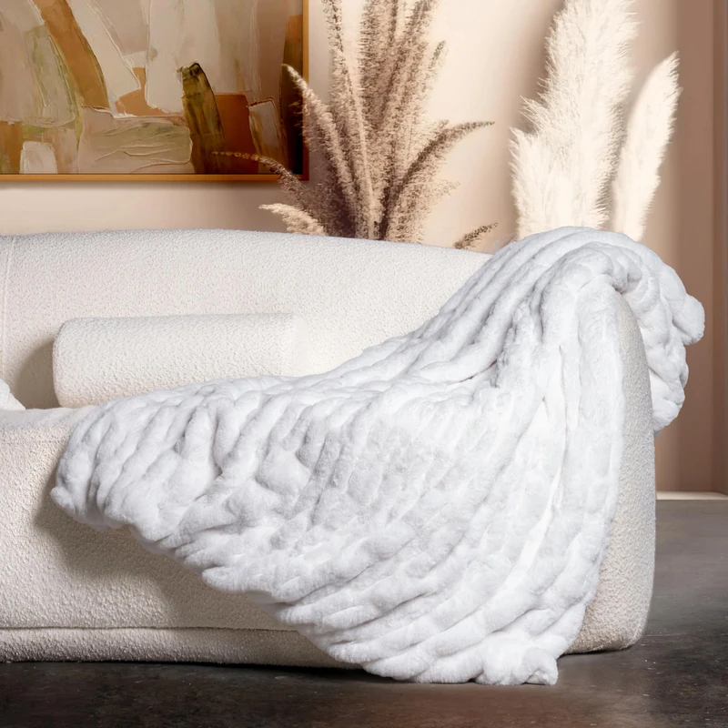 Luxury Concepts Soft Faux Rabbit Fur Throw Blanket - 50" x 60", Elegant Ruched Design Blanket, Machine Washable and Wrinkle Resistant, Lightweight White Throw Blanket for Couch, Sofa and Bed