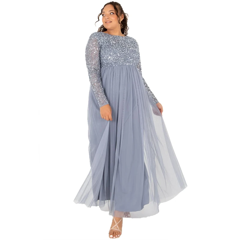 Maya Deluxe Women's Maya Embellished Long Sleeve Maxi Dress Bridesmaid Dusty Blue 20