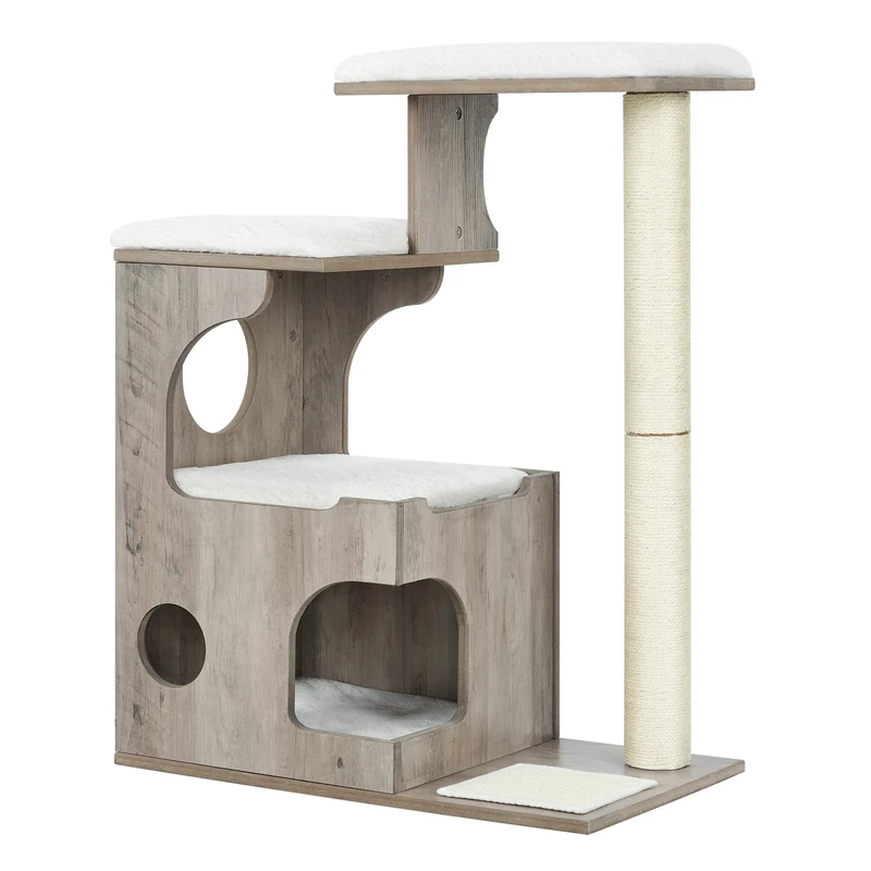 Feandrea Modern Cat Tree, 86 cm with Cat Cave, 3 Perches, Scratching Post and Mat, Removable Washable Plush Cushions, Greige and White
