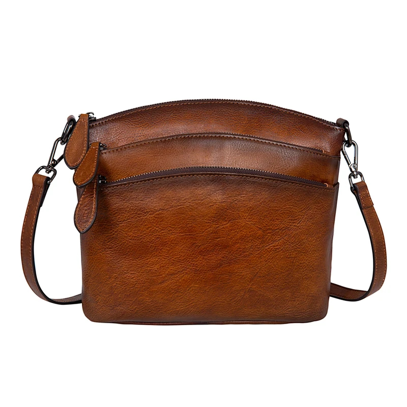 HESHE Crossbody Bags for Women Genuine Leather Purses with Multi-Pockets Vintage Ladies Small Shoulder Satchel Bag, Brown, S