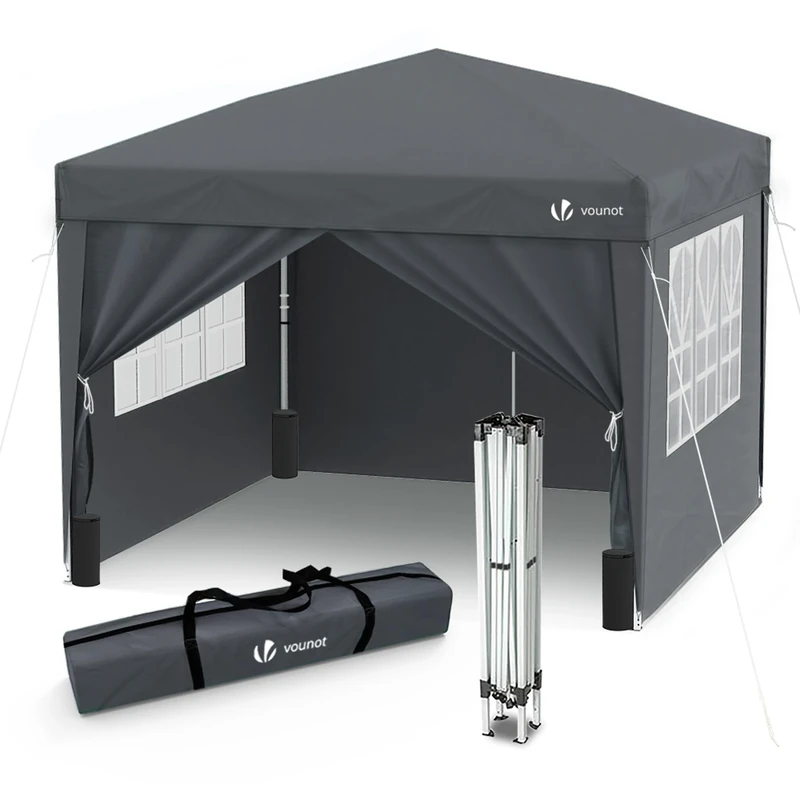 VOUNOT 3m x 3m Pop Up Gazebo with Sides & 4 Weight Bags & Carry Bag, Marquee Garden Party Tent Outdoor, Grey