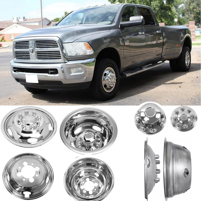 BOOGADEE 4pcs 17inch Polished Stainless Steel Dually Wheel Simulators, Nice Looking Bolt On Wheel Cover with Removable Centre Cap,8 Lug Hubcap Fit for 03-19 Dodge Ram 3500 with Installation Tool