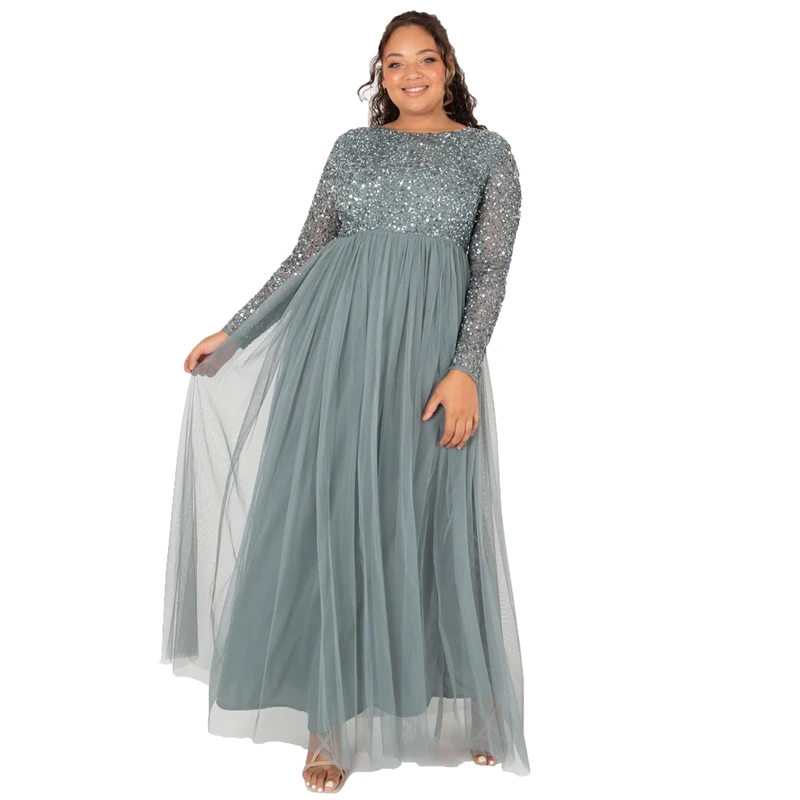 Maya Deluxe Women's Maya Embellished Long Sleeve Maxi Dress Bridesmaid Misty Green 16