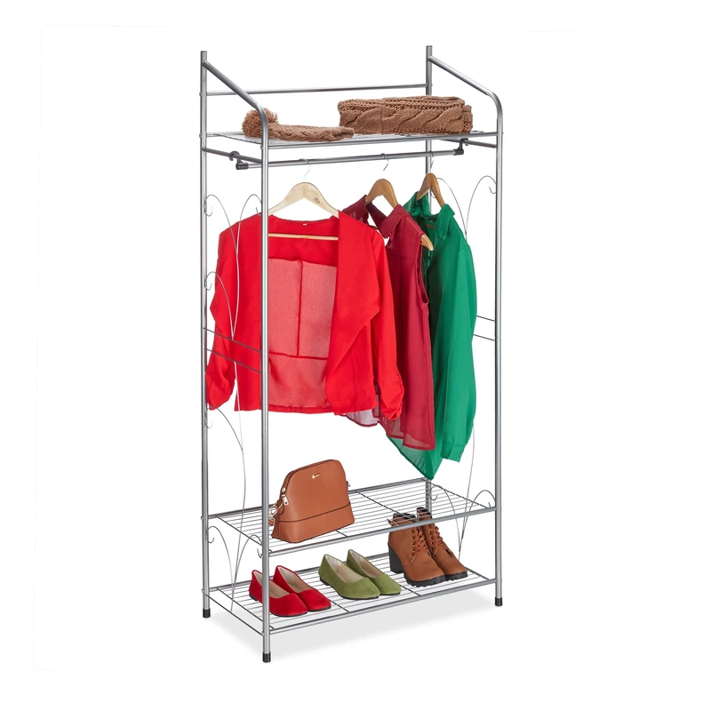Relaxdays Coat Rack, Stable Clothes Rail with 3 Shelves, Wardrobe for Small Spaces, Iron, HxWxD: 161 x 78 x 36cm, Gold