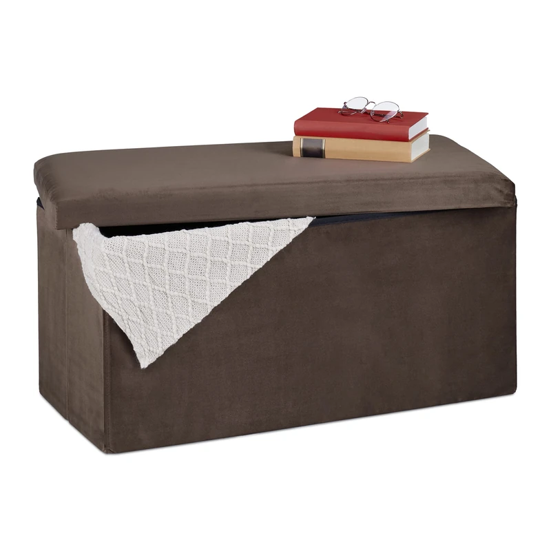 Relaxdays Storage Bench, Velvet Cover, 80 L Capacity, H x W x D: approx. 38 x 77 x 39 cm, Brown, Fibreboard