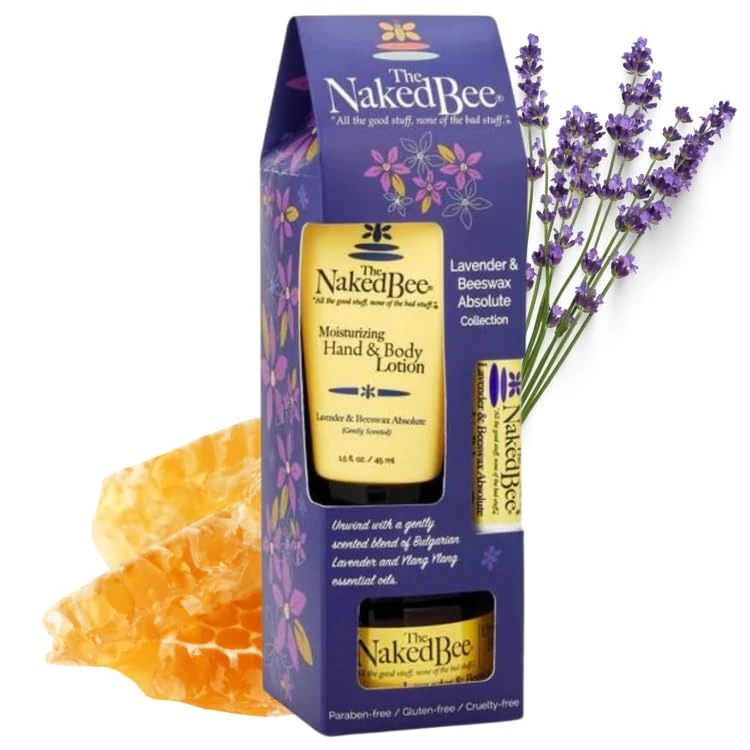 The Naked Bee Lavender & Beeswax Gift Collection. Body Butter, Body Lotion & Lip Balm Moisturising Body & Skin Care Collection Womens Present for Her