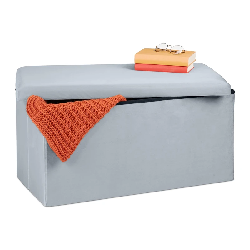 Relaxdays Storage Bench, Velvet Cover, 80 L Capacity, H x W x D: approx. 38 x 77 x 39 cm, Light Grey
