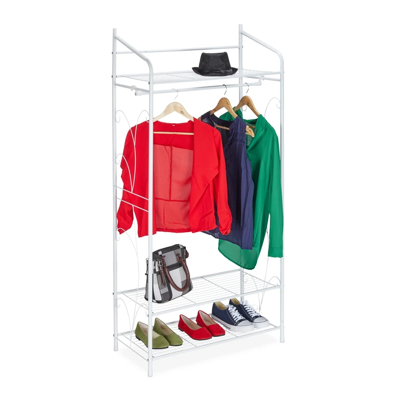 Relaxdays Coat Rack, Stable Clothes Rail With 3 Shelves, Wardrobe for Small Spaces, Iron, HxWxD: 161 x 78 x 36cm, White