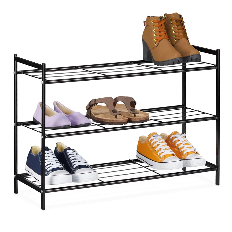 Relaxdays Rack 3 Levels, 9 Pairs, Shoes Storage for Hallway Made of Iron, HxWxD: 50 x 70 x 26 cm, Stable, Black