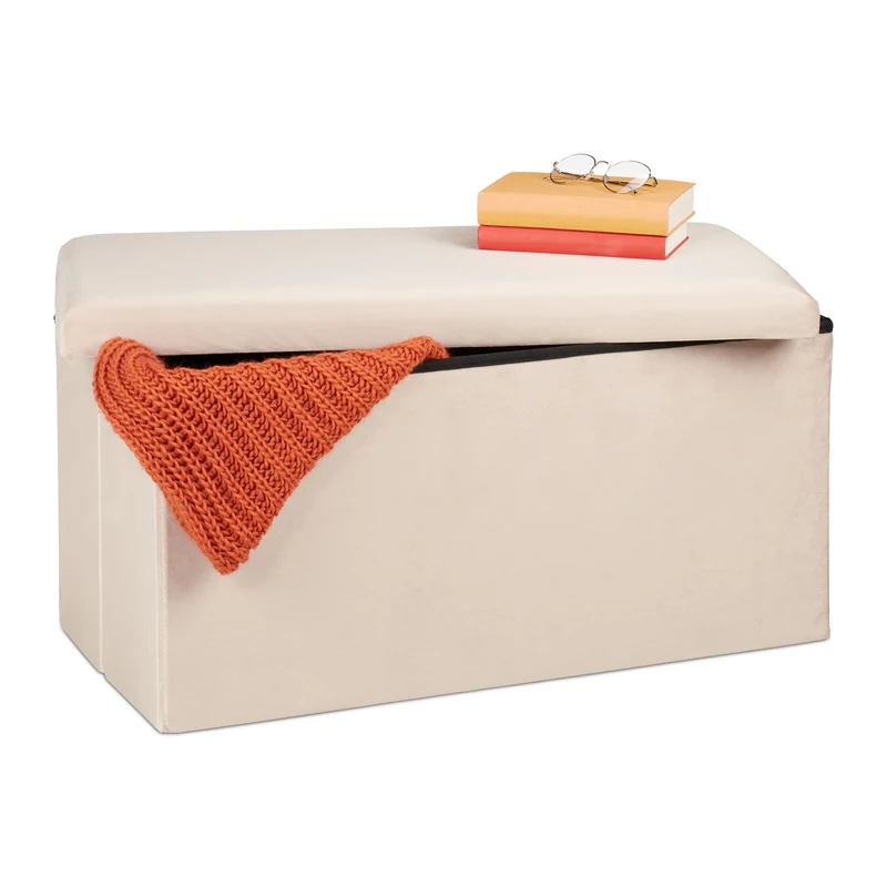 Relaxdays Storage Bench, Velvet Cover, 80 L Capacity, H x W x D: approx. 38 x 77 x 39 cm, Cream, Fibreboard