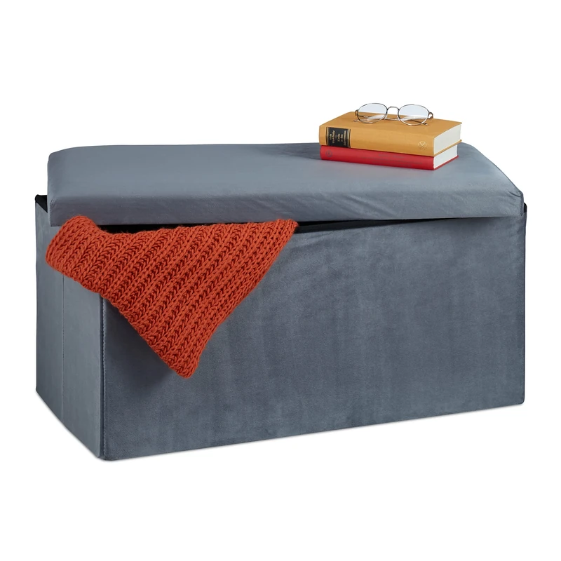Relaxdays Storage Bench, Velvet Cover, 80 L Capacity, H x W x D: approx. 38 x 77 x 39 cm, Dark Grey, Fibreboard