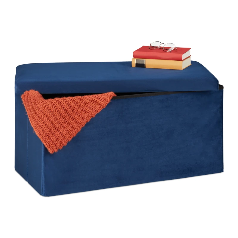 Relaxdays Storage Bench, Velvet Cover, 80 L Capacity, H x W x D: approx. 38 x 77 x 39 cm, Blue, Fibreboard