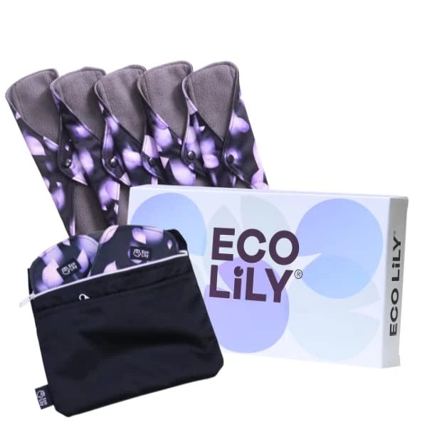 Eco Lily Reusable Sanitary Pads Mixed – 12 pcs (6 Medium + 6 Heavy Flow) – Odour Absorbing Charcoal Bamboo Pads for Women Sanitary Towels - 2 Waterproof Wet Bags