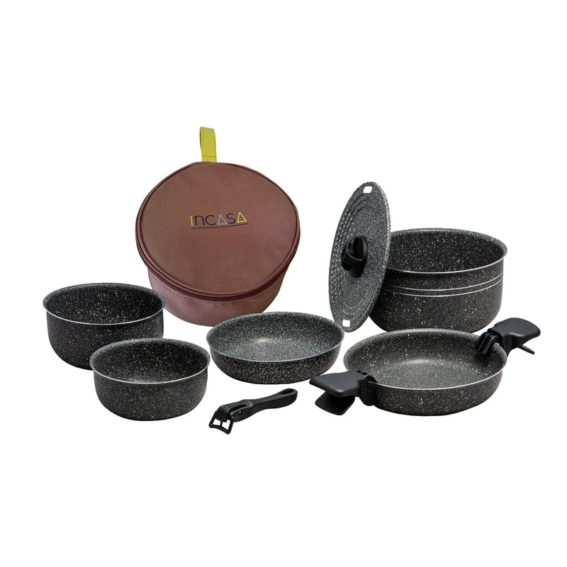 Beaver Brand Dolomia Plus Camping Cookware Set of 10 Granite Grey Aluminium 1 Pot 22 cm Lid 2 Saucepans 2 Pans 3 Handles 1 Packing Bag - Image 1