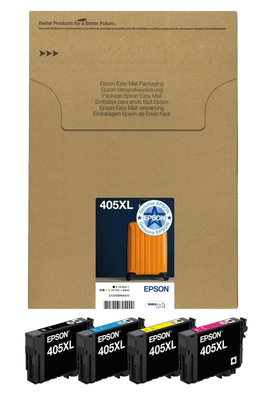 Epson 405XL Suitcase High Yield Genuine Multipack,Eco-Friendly Packaging, 4-colours Ink Cartridges, DURABrite Ultra Ink