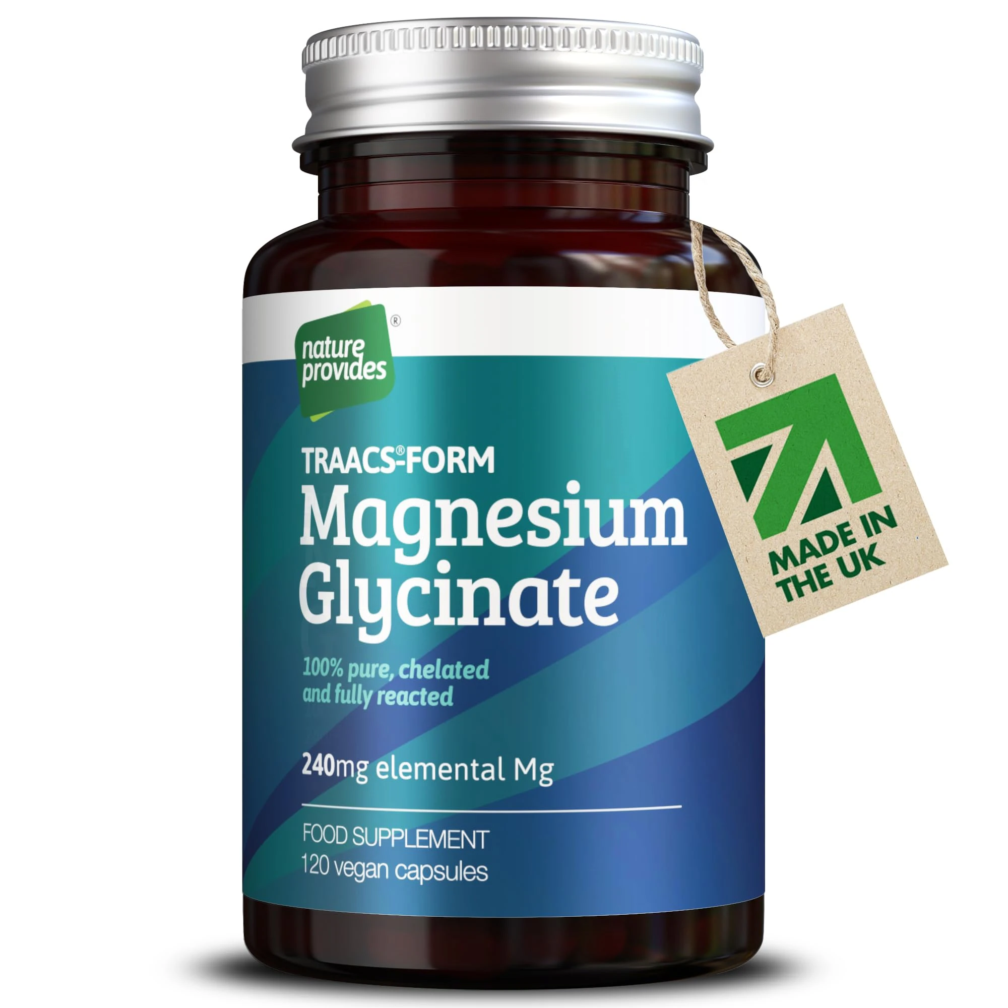 Magnesium Glycinate TRAACS (Bisglycinate) 240mg - 120 Vegan Capsules, 100% Pure, No Fillers/Buffers, Chelated, Highly Bioavailable, Muscle & Sleep Support, Stress Relief, UK Made by Nature Provides