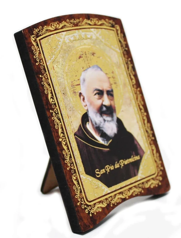 KUSTOM ART Padre Pio Religious Wood Print - 8.5x7 cm Gold Decor - Image 1