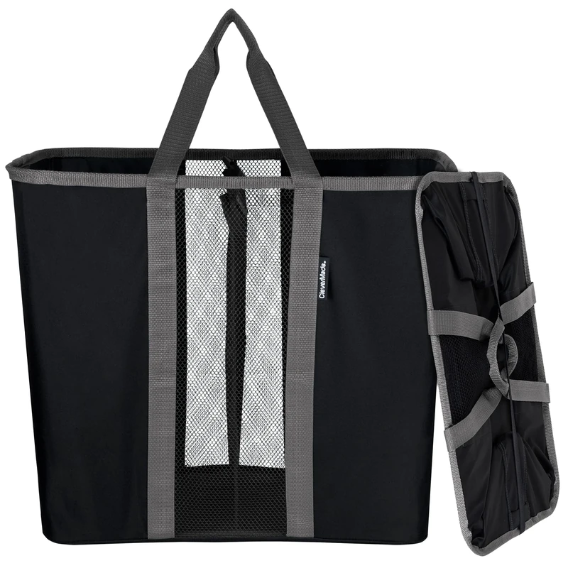 CleverMade Collapsible Laundry Basket, Large Foldable Clothes Hamper Bag, Laundry Tote with Divider XL Pop-Up Caddy with Handles & Divider, Black/Charcoal