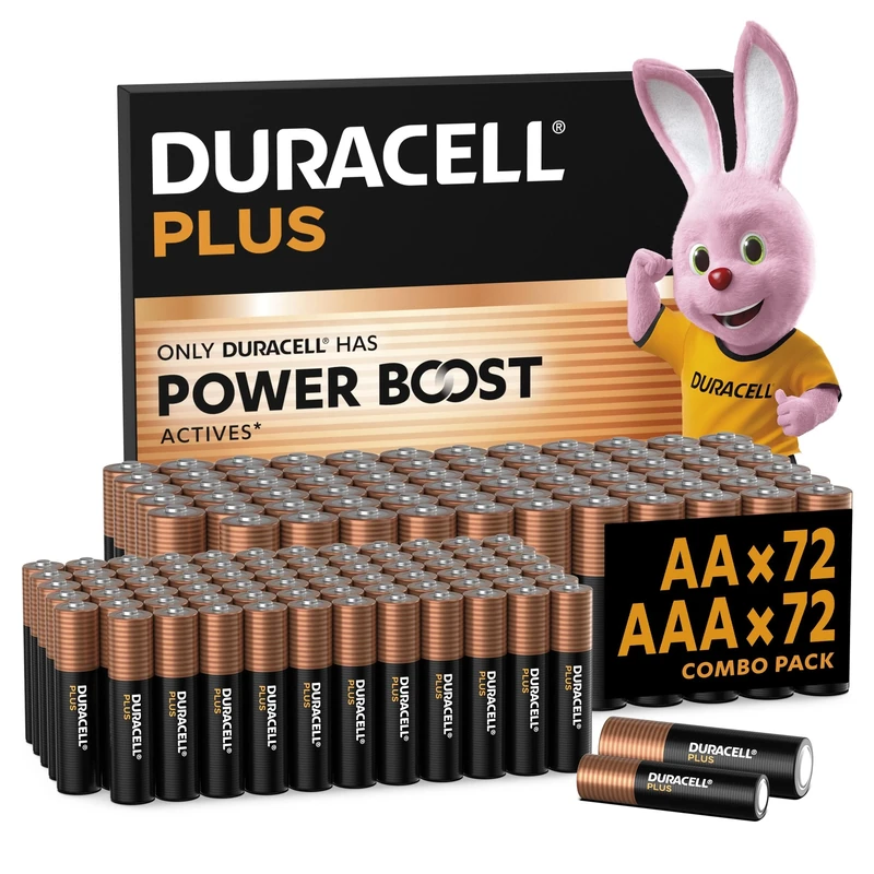 DURACELL Plus AA & AAA Batteries (Combo pack of 144) – Alkaline Batteries 1.5V – With POWER BOOST Actives – 0% Plastic Packaging – 10-Year Storage – MN150/ MN2400