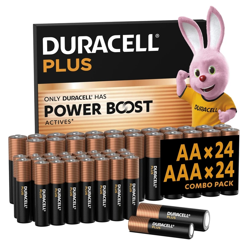 DURACELL Plus AA & AAA Batteries (Combo pack of 48) – Alkaline Batteries 1.5V – With POWER BOOST Actives – 0% Plastic Packaging – 10-Year Storage – MN150/ MN2400