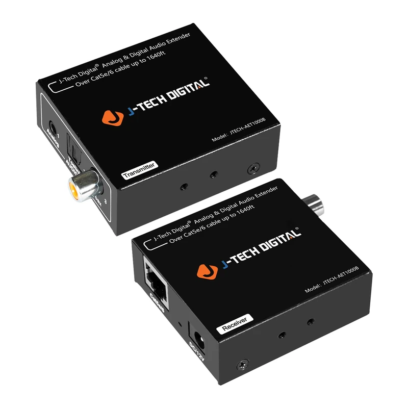 Analogue & Digital Audio Extender Converter Over Single Cat5e/6 (PoC) up to 1640 FT | 3.5 mm + Optical SPDIF + Coaxial by J-Tech Digital [JTECH-AET1000B]