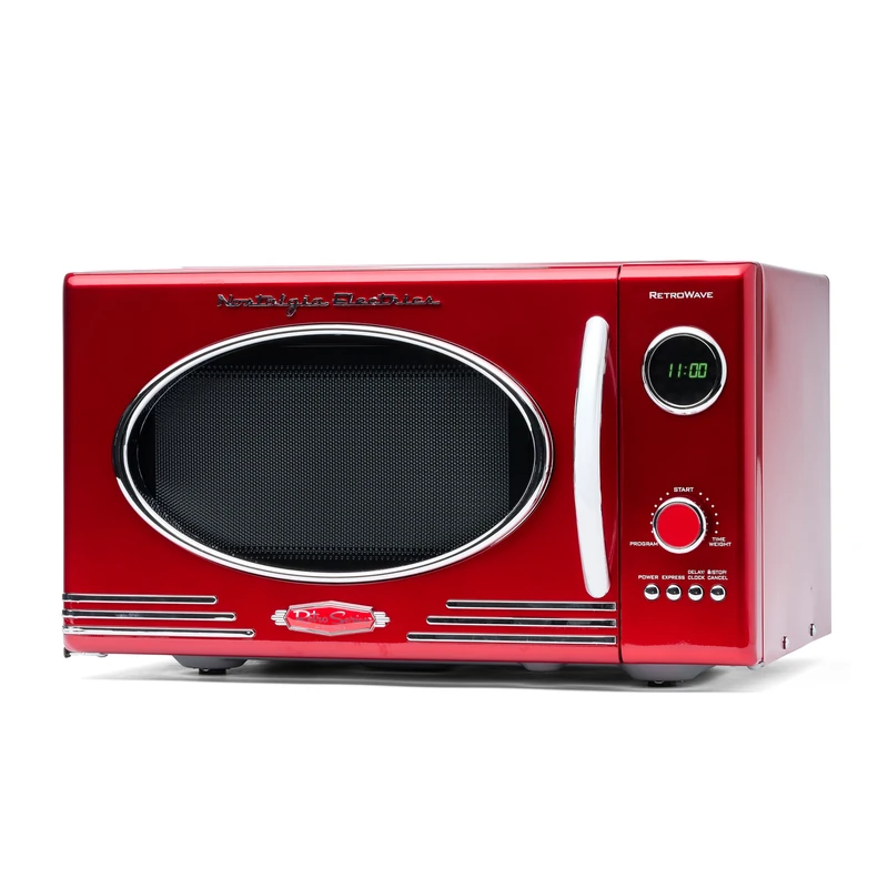 Nostalgia Retro Microwave Oven, 900 Watts with 5 Power Levels, 12 Pre-Programmed Cooking Settings, Turntable, Digital Clock, 25 Liters, Red