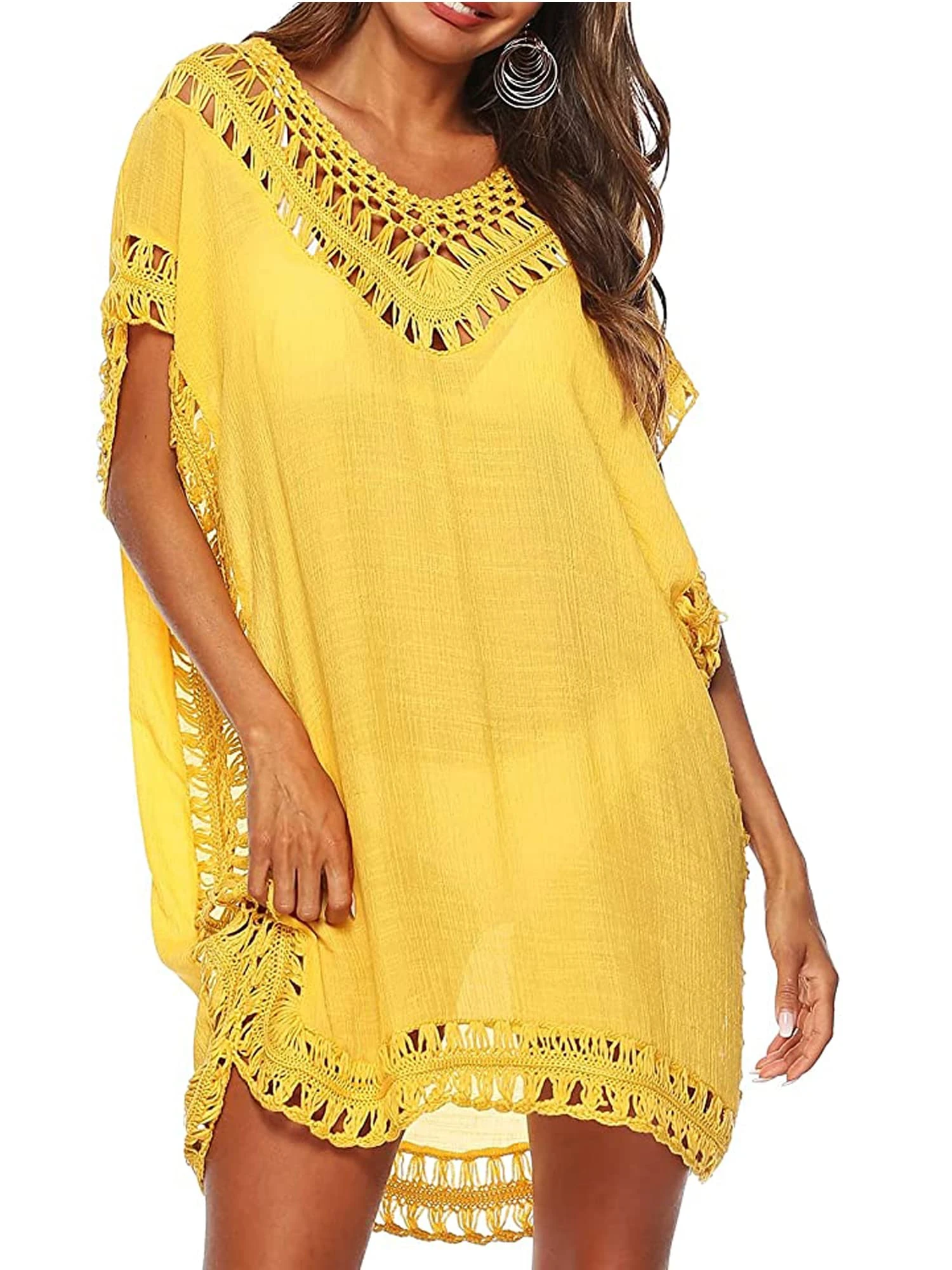 Women Swimsuit Cover Ups Beachwear Hollow Out V-Neck Short Sleeve Crochet Dress Bikini Swimsuit (A-Yellow, One Size)