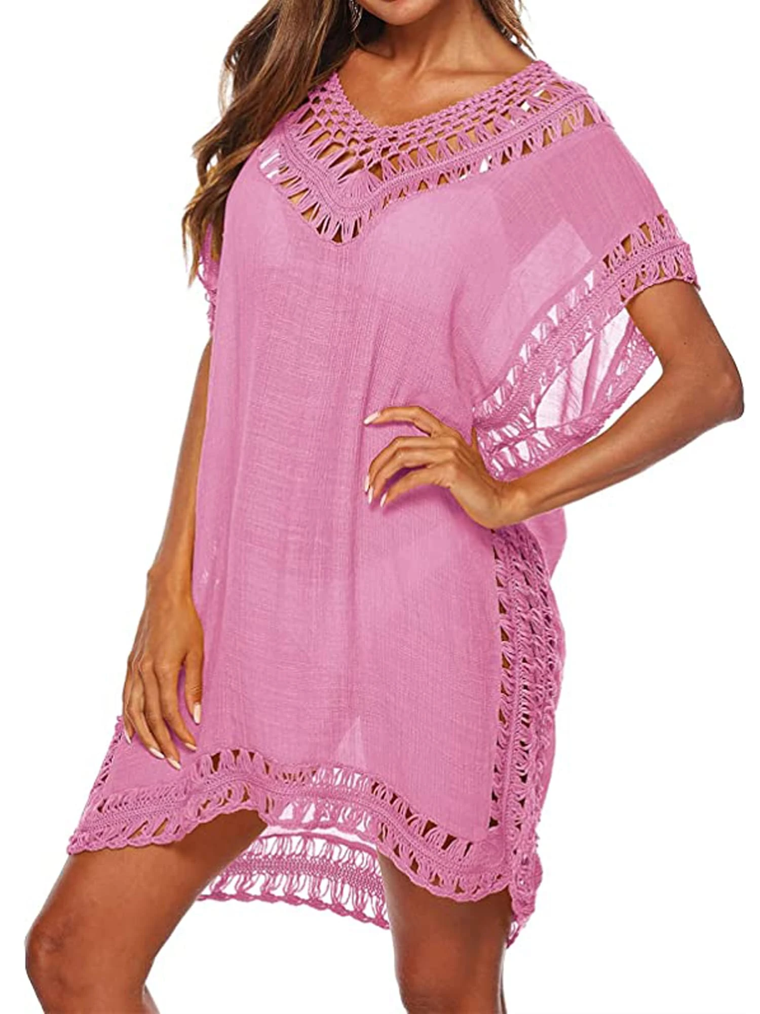 Women Swimsuit Cover Ups Beachwear Hollow Out V-Neck Short Sleeve Crochet Dress Bikini Swimsuit (A-Pink, One Size)