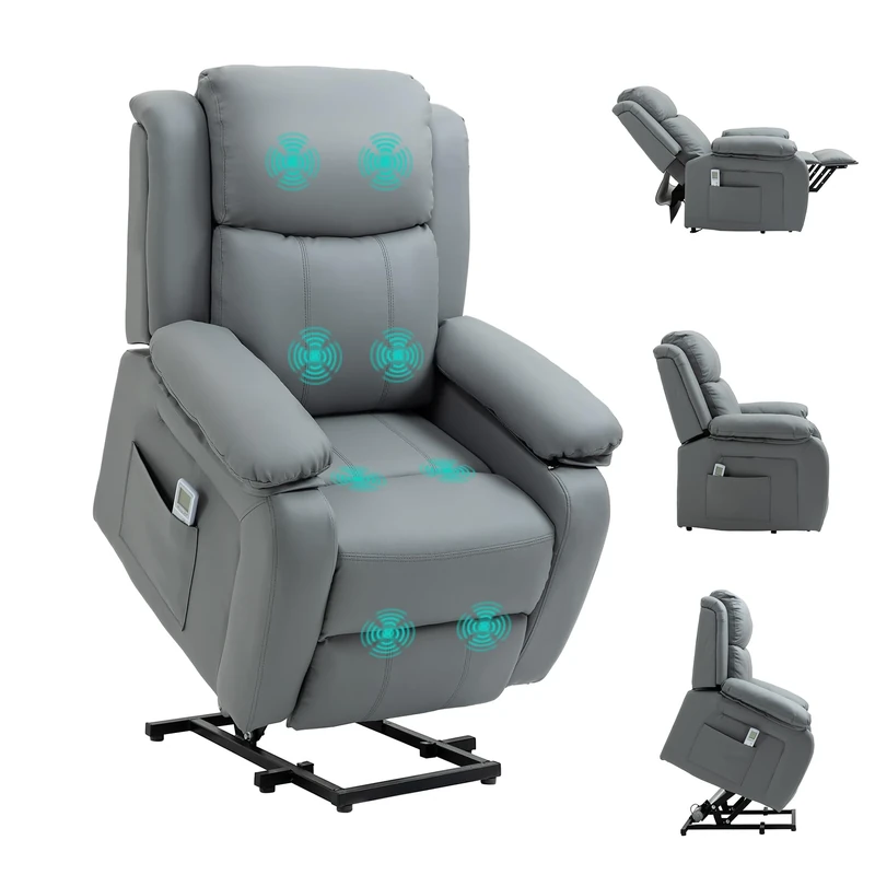 HOMCOM Riser and Recliner Chair with Massage, Power Lift Recliner Chair for Elderly with Remote Control, Extended Footrest, Dual Side Pockets, Overstuffed Electric Reclining Armchair, Grey