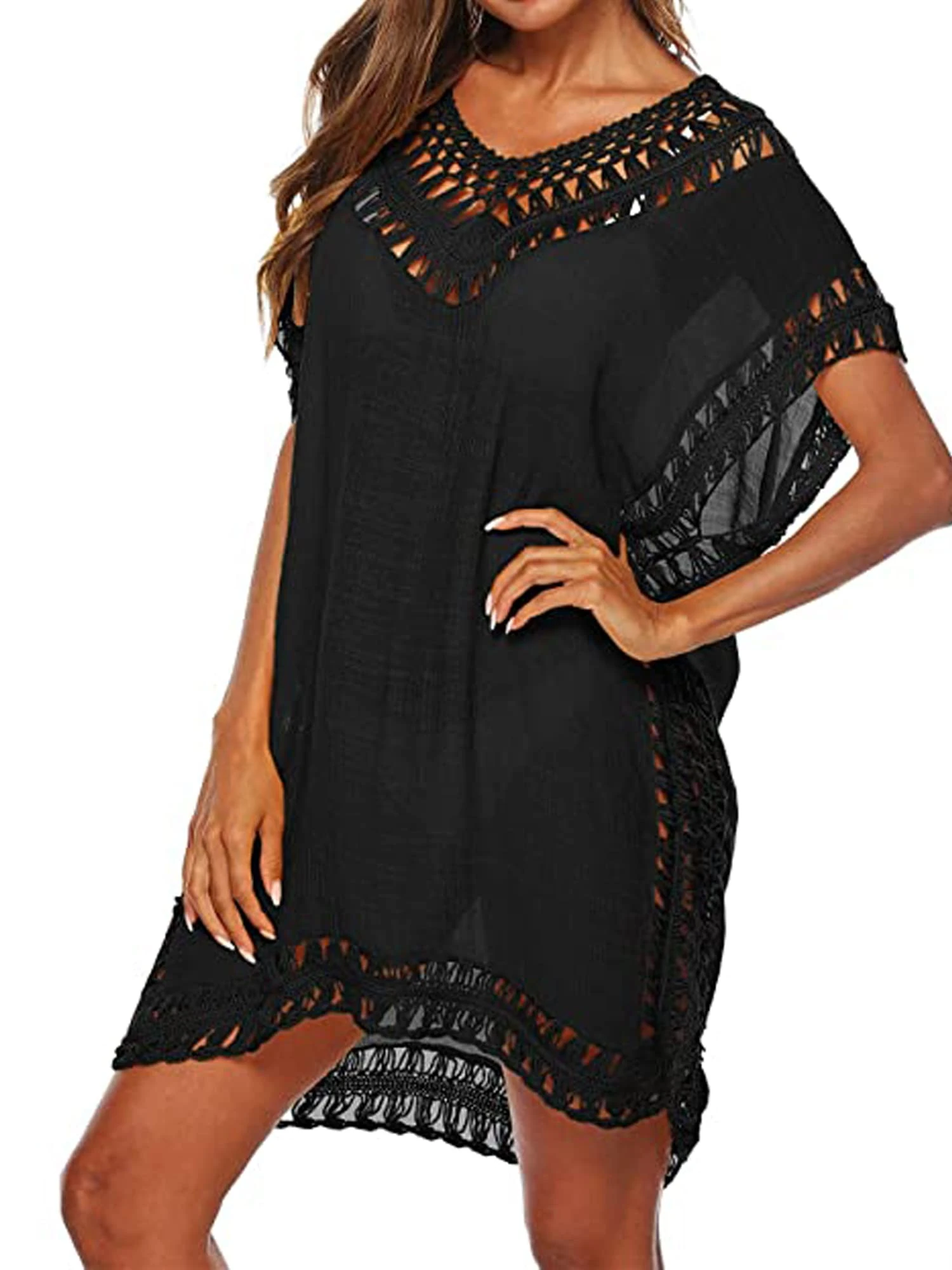 Women Swimsuit Cover Ups Beachwear Hollow Out V-Neck Short Sleeve Crochet Dress Bikini Swimsuit (A-Black, One Size)