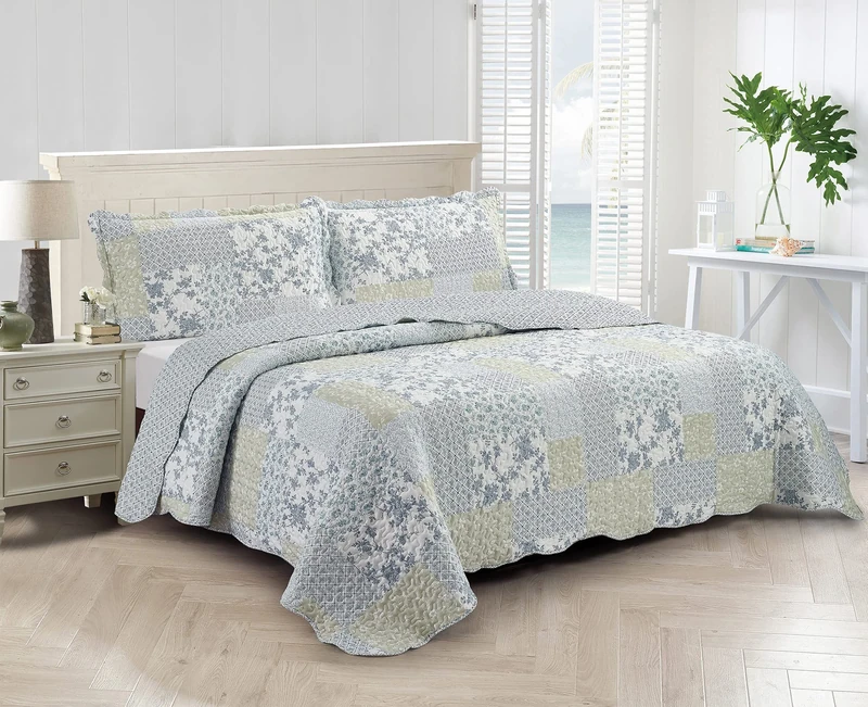 Brilliant Sunshine Multi Blue and Beige Floral Patchwork, 3-Piece Quilt Set with 2 Shams, Reversible Bedspread, Soft Lightweight Coverlet, All-Season, King, Blue White